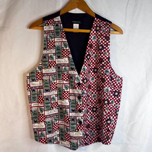 Robyn Lyn VTG Christmas VEST Mixed Print Happy Holidays Novelty Size L/XL Cotton - Picture 10 of 10
